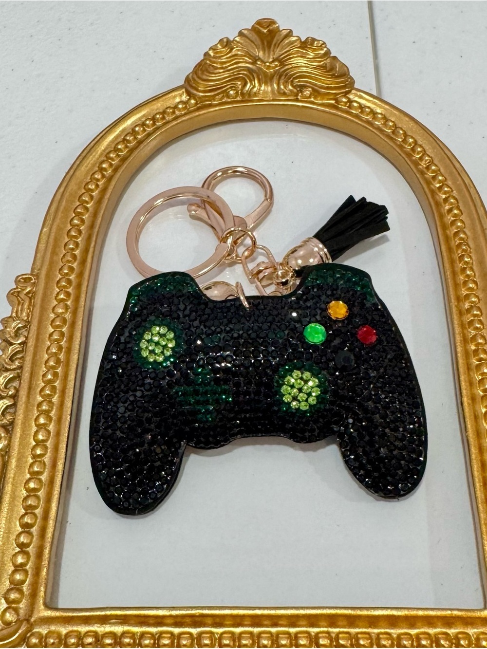 New Black Game Controller Keychain with Green Accents